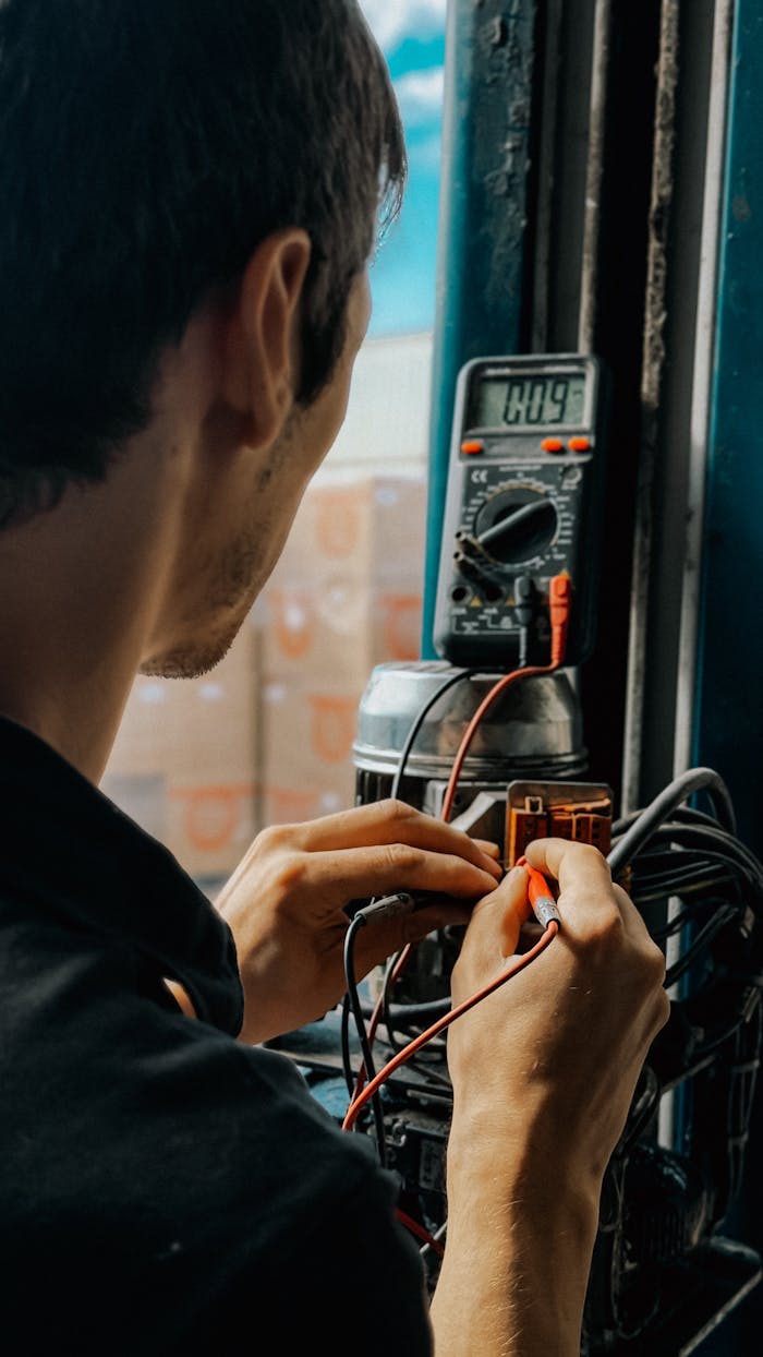 who-we-are Electrician using a multimeter to check voltages in an industrial setting.